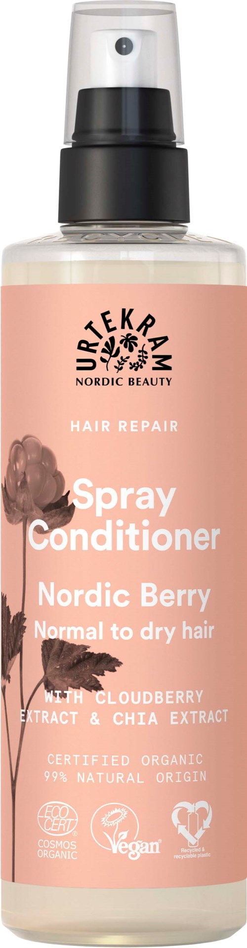 Een roze sprayflesje voor haarherstel met Noorse bes, cloudberry en chia-extracten, geschikt voor droog haar.