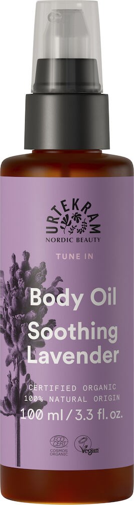 A body oil bottle with lavender essential oil, labeled 'Soothing Lavender' by Urtekram, organic and vegan.