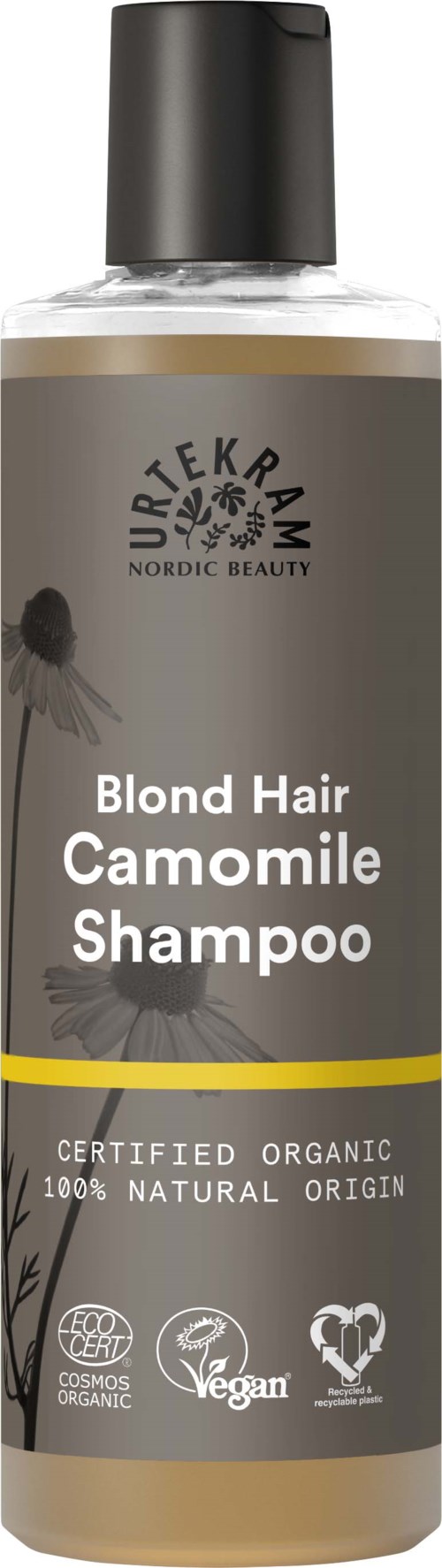 Graue Shampoflasche für blondes Haar mit Kamille. Es ist bio, natürlich, vegan und umweltfreundlich.