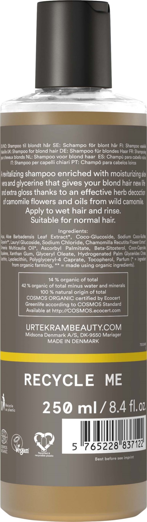 Eine Shampooflasche mit schwarzem Deckel und grauem Etikett, enthält 250 ml Haarpflegeprodukt.