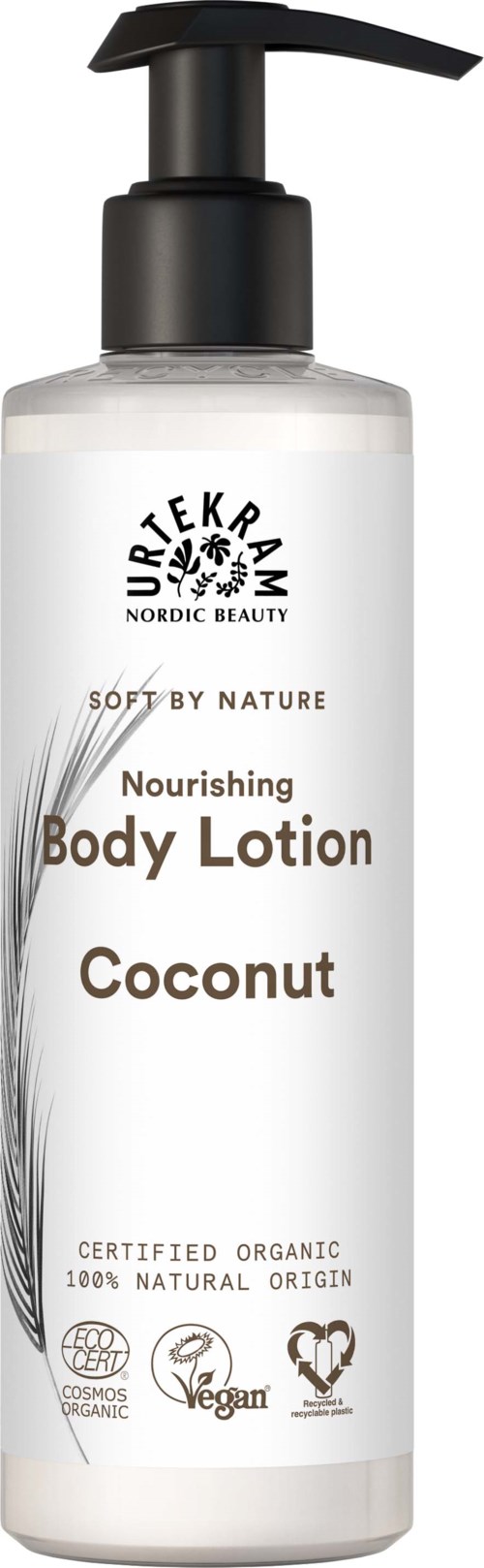 Een flesje lichaamslotion met pomp, labeled 'Kokosnoot', met iconen voor biologisch en natuurlijk.