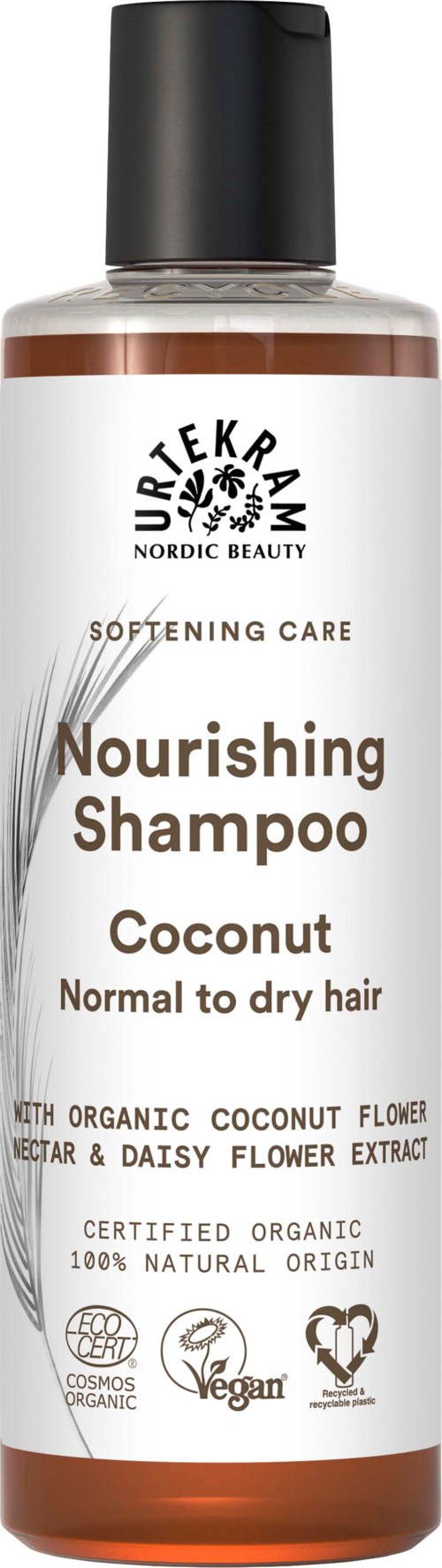 Flasche mit pflegendem Shampoo mit Kokosnuss, für normales bis trockenes Haar, von Nordrekam, umweltfreundlich und vegan.