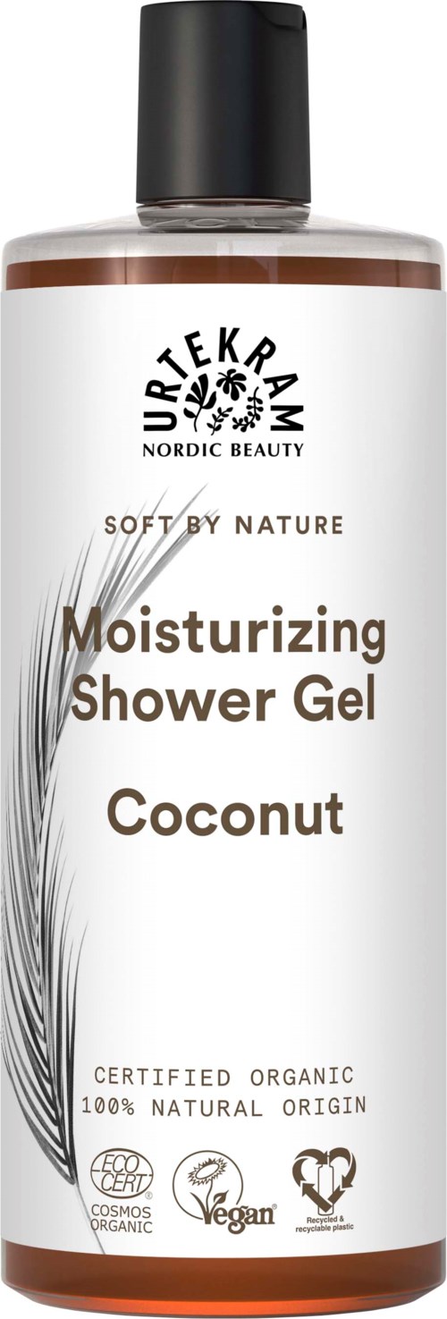 Een flesje hydraterende douchegel met kokosgeur, biologisch en vegan, van Urtekram Nordic Beauty.