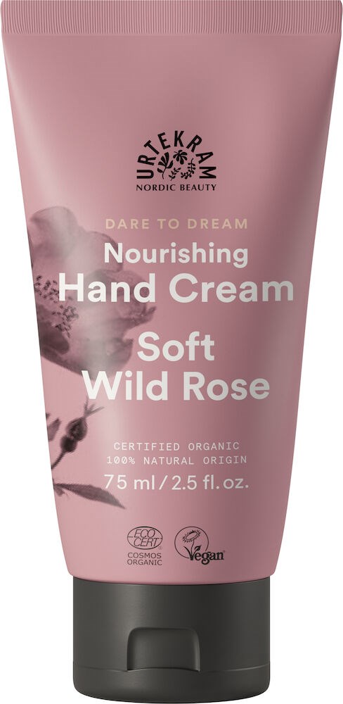 Pink tube of nourishing hand cream with wild rose scent, organic, vegan, 75ml, natural origin.