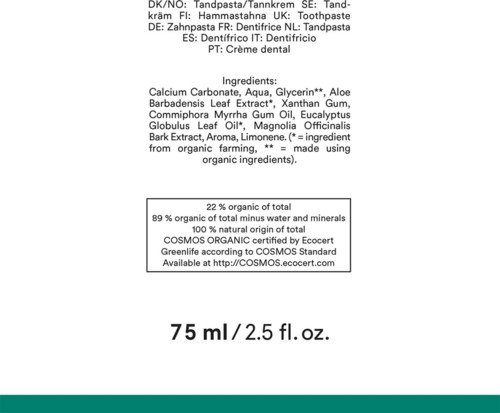 The label shows ingredients for a toothpaste with natural and organic components, including aloe and plant oils.