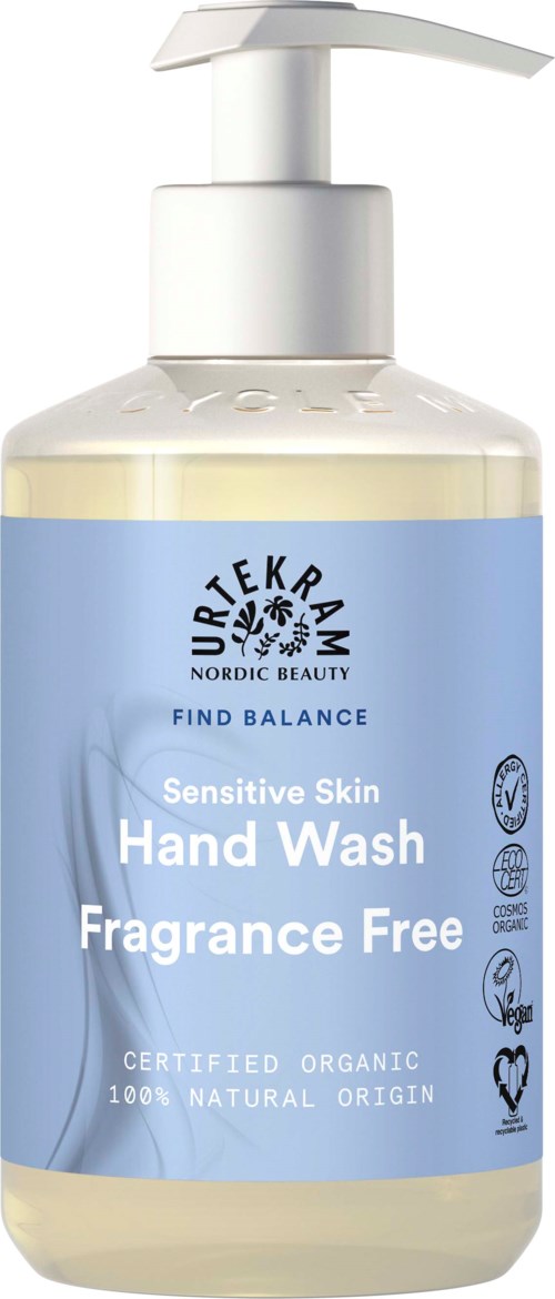 A bottle of hand wash with a pump, labeled as fragrance-free, organic, and suitable for sensitive skin.
