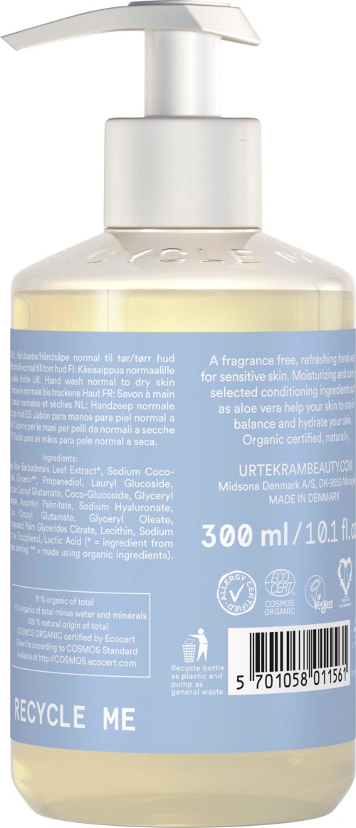 A clear bottle with a pump dispenser, containing a liquid product. Label shows product description, volume, and recycling info.