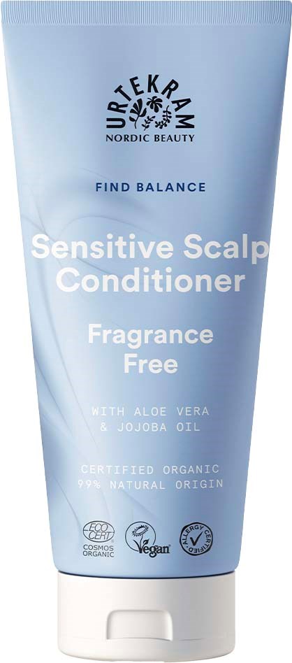 Blauwe tube met hoofdhuidconditioner met aloë vera en jojoba-olie, geurvrij, biologisch, veganistisch en gecertificeerd.