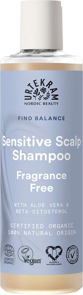 Vaaleansininen pullo, jossa on valkoinen korkki ja teksti "Nordream Sensitive Scalp Shampoo," kertovat sen olevan ekologinen ja vegaani.