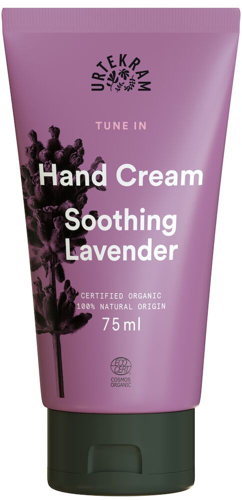 Lavendelhandscrème in een paarse tube, gecertificeerd biologisch en rustgevend, 75 ml.