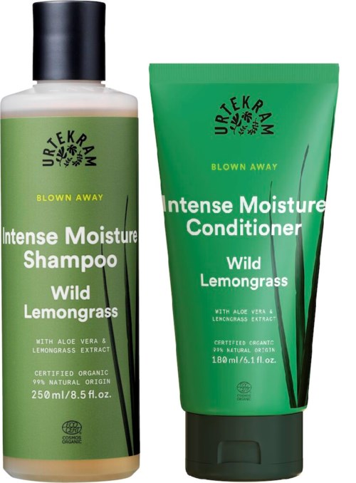 Two green hair care products labeled with natural ingredients like lemongrass and aloe vera.