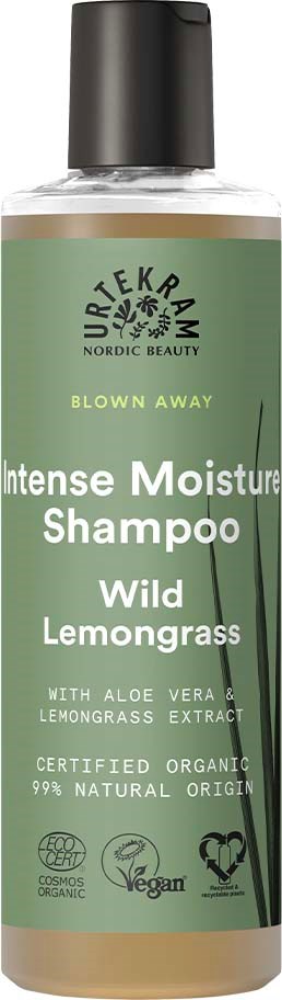 Green bottle of Nordrekräm shampoo with black cap, labeled as moisture and wild lemongrass scent, organic and vegan.