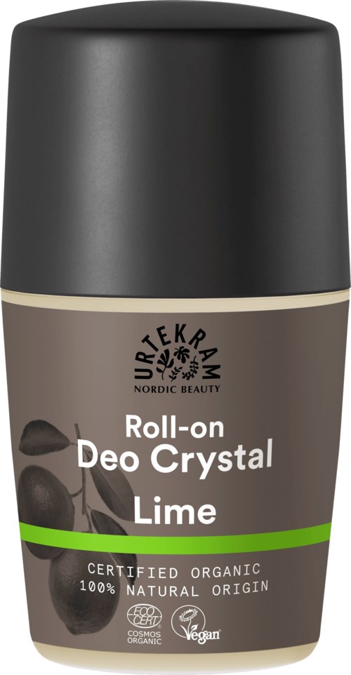 Een roll-on deodorant met de tekst 'Deo Crystal Lime', gecertificeerd biologisch, veganistisch, natuurlijk, met zwarte dop en grijze fles.