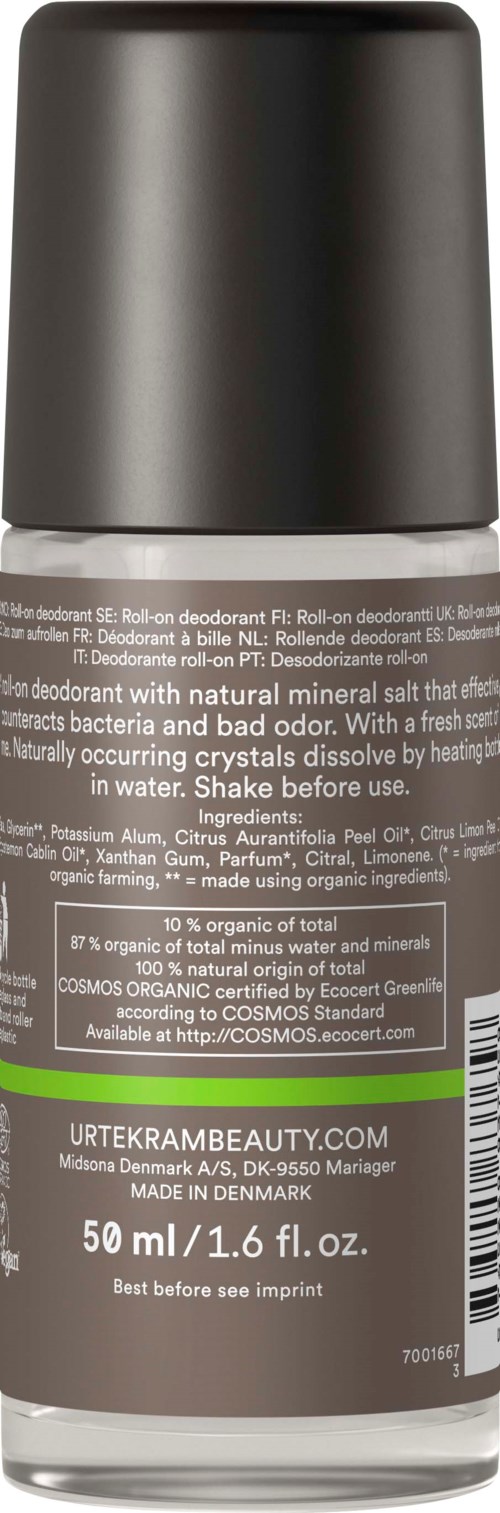 Een grijze roller deodorantfles met groen en zwart label, toont productdetails en merkinformatie.