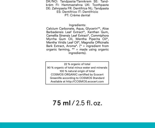 Label for toothpaste showing ingredients, organic certification, volume, and sustainability info.