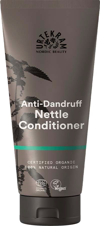 Grijze fles met zwarte dop, gelabeld als anti-roos brandnetel conditoner, biologisch en natuurlijk, met een plantenbeeld.