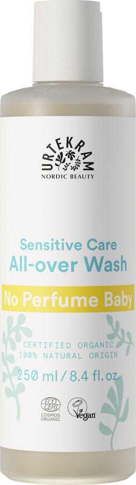 En vit flaska med vit lock, märkt 'Sensitive Care All-over Wash' och 'No Perfume Baby'.