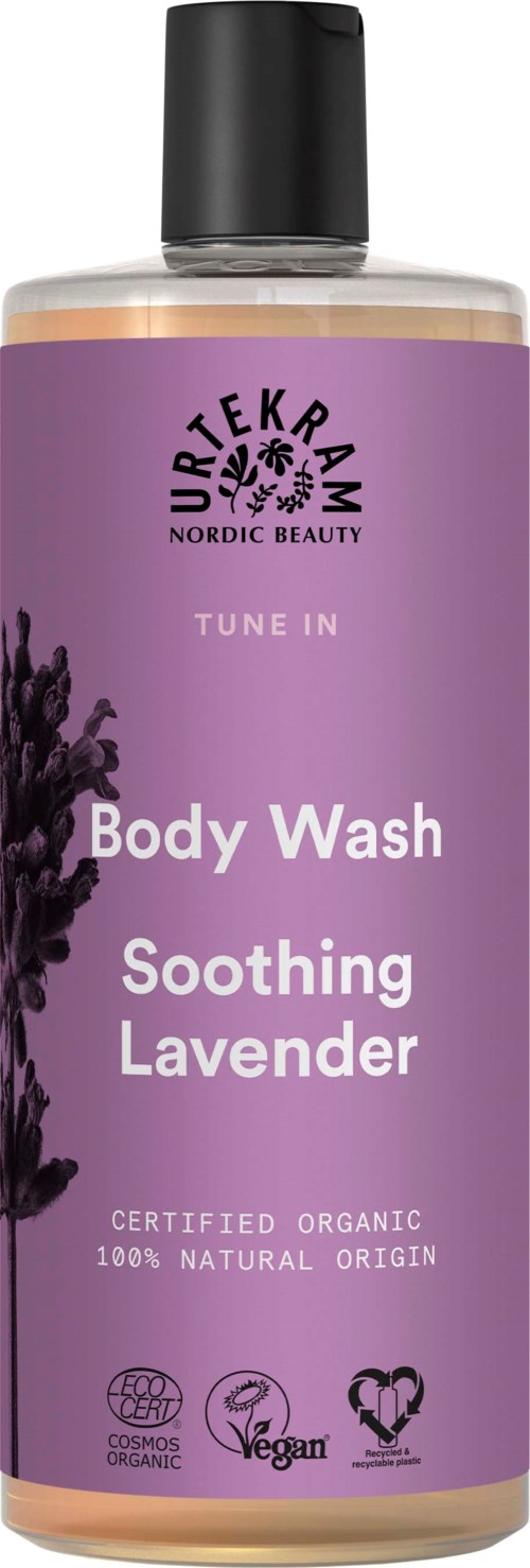 Lavendelgeurende bodywash in een paarse fles, gemarkeerd als biologisch en veganistisch, met iconen voor milieuvriendelijk en dierproefvrij.