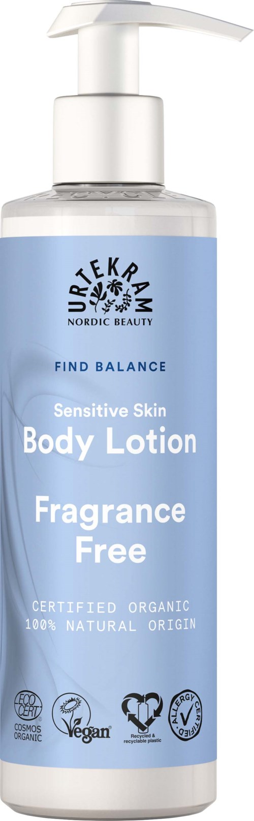 Blauwe bodylotionfles met pomp, voor gevoelige huid, geurvrij, biologisch, veganistisch en natuurlijk.