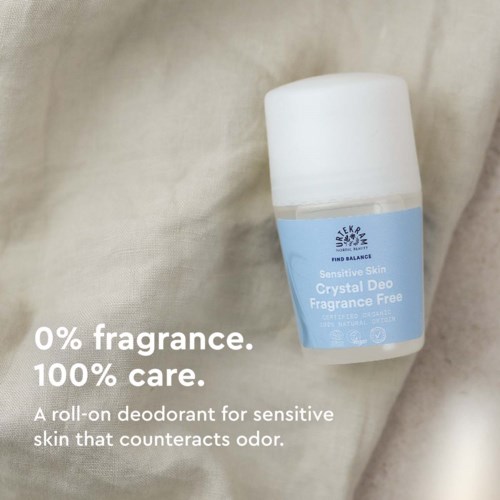 Een roll-on deodorant voor een gevoelige huid met 0% geur, 100% verzorging, ontworpen om geur op natuurlijke wijze te bestrijden.