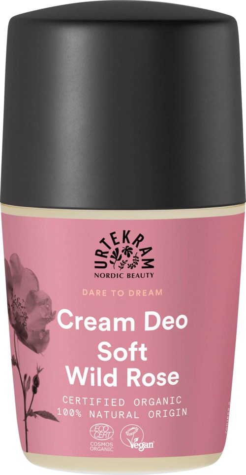 Een roze container van Urtekram crème deodorant met een zwart deksel, gelabeld 'Soft Wild Rose' en natuurlijk, biologisch, veganistisch.