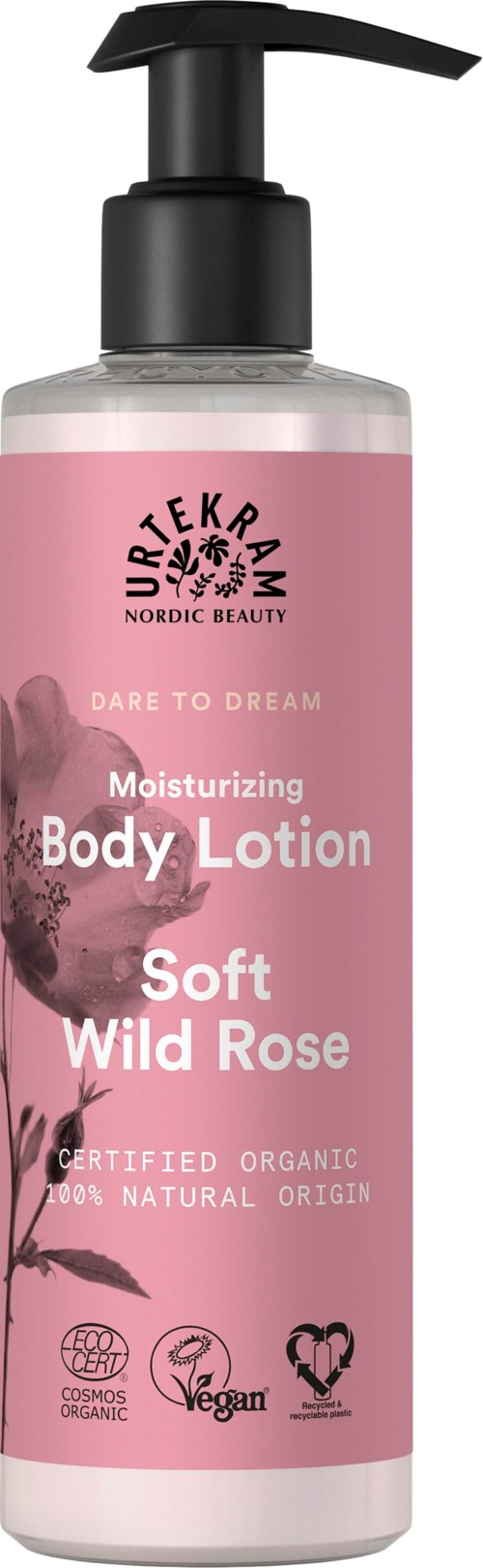 Een roze bodylotion fles met zwarte pomp, labelt 'Moisturizing Body Lotion' met wilde rozengeur, biologisch en vegan.