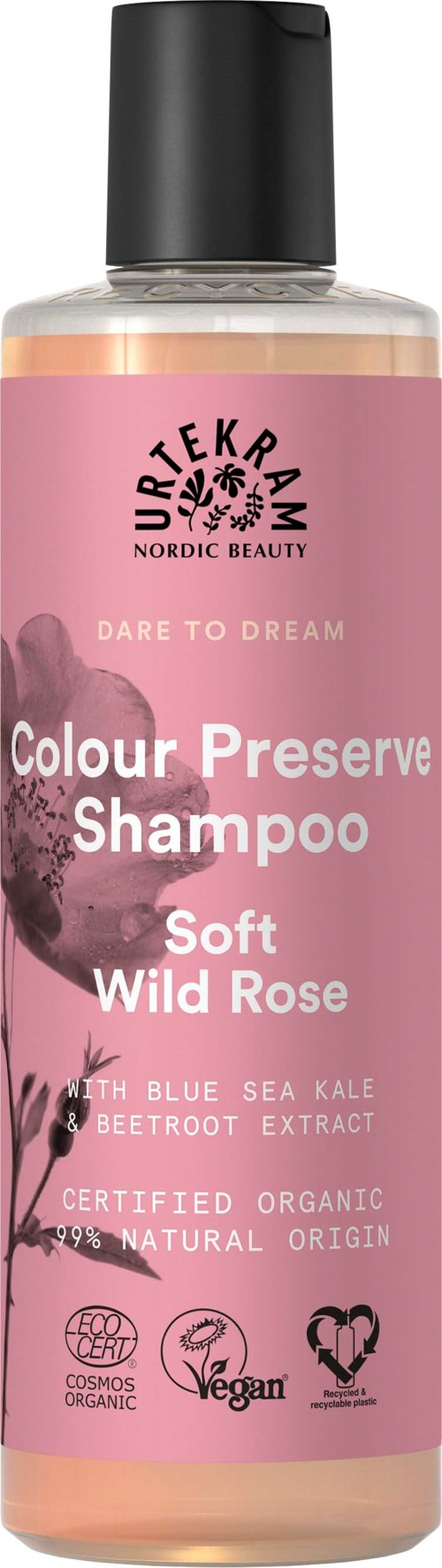 Pink bottle with black cap, labeled 'Colour Preserve Shampoo, Soft Wild Rose,' includes organic and vegan icons.