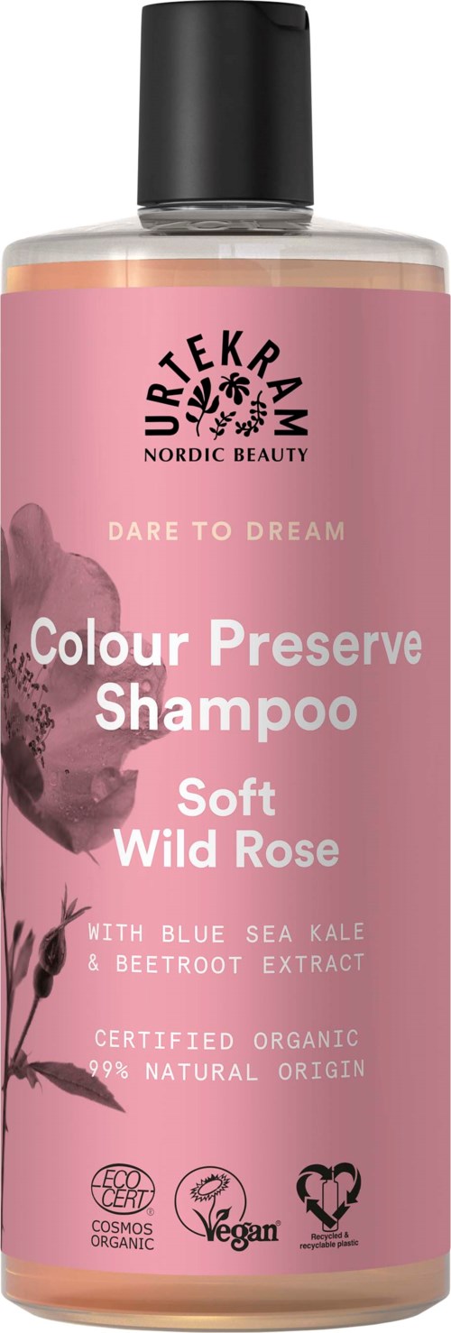 Pink shampoo bottle with black cap, labeled Uriage, for color preservation and soft wild rose benefits.