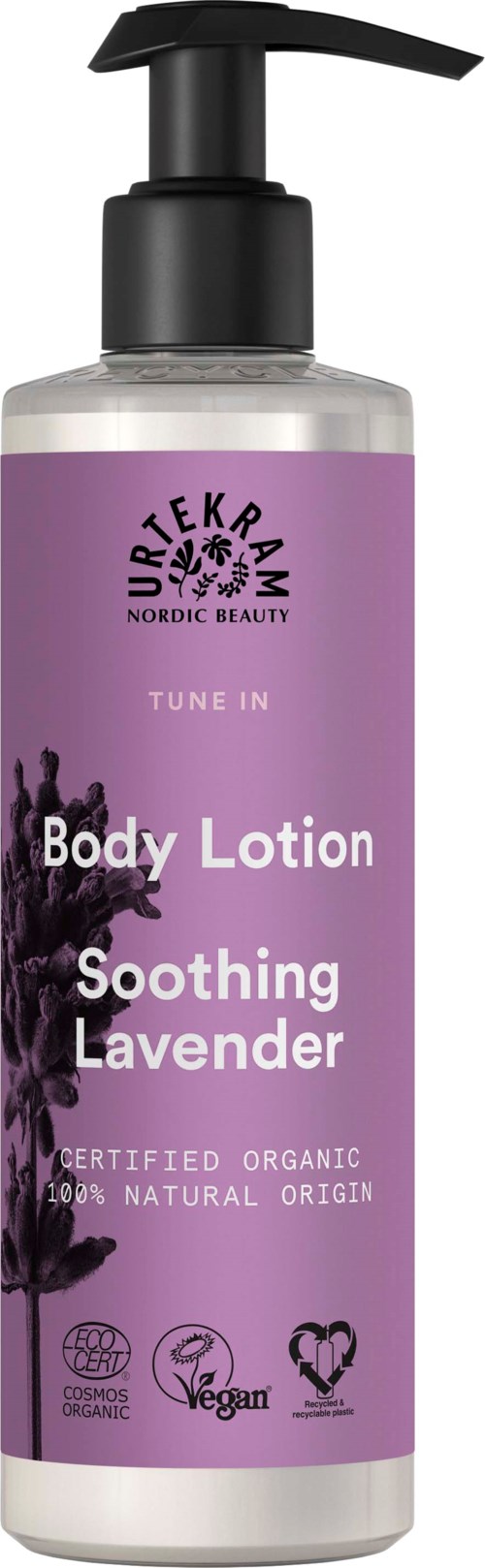 Lavendelgeurende bodylotion met pomp, gemarkeerd als organisch en veganistisch, van Nordic Beauty's Tune In lijn.