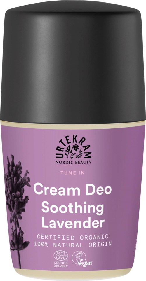Violetti deodoranttipullo, jossa lukee 'Cream Deo Soothing Lavender' Urtekramilta, musta kansi ja laventelin kuvia.