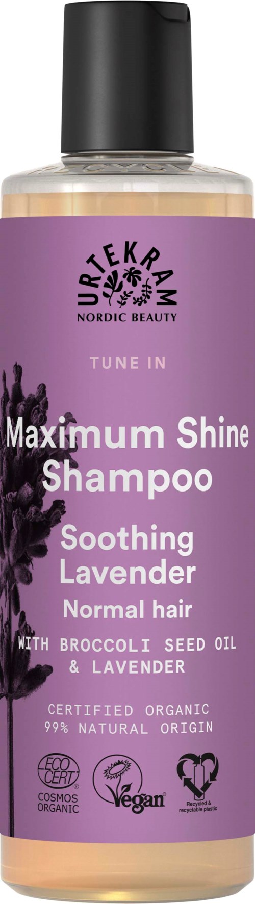 Shampoopullo, jossa lukee 'Maximum Shine Shampoo', sisältää laventelia ja parsakaalin siemenöljyä normaalille hiuksille. Sertifioitu orgaaninen ja vegaaninen.