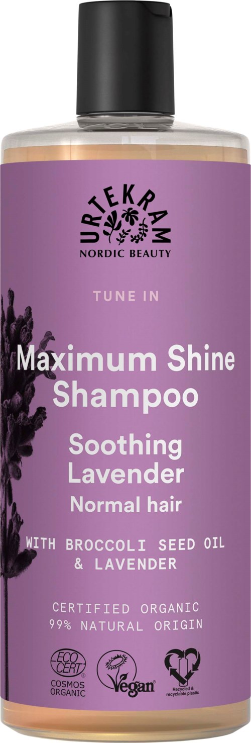 Een shampoo fles met een paarse label die zegt Maximize Shine, Lavendel geur, biologisch en veganistisch, met broccoli zaad olie.