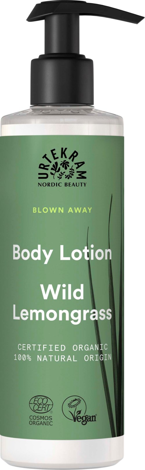 Een groene lotionfles met pomp, gemarkeerd 'Nordic Baltic', met biologische wilde citroengras bodylotion.