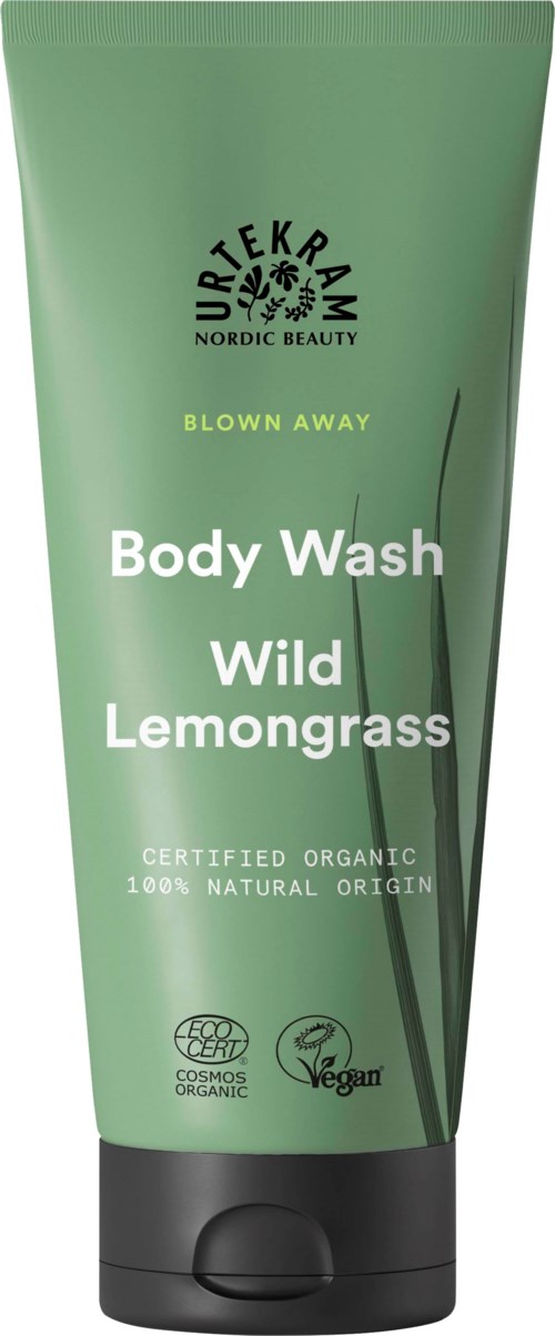 Groene tube met body wash, zwarte dop, etiquetterd 'Wild Lemongrass,' biologisch en vegan.