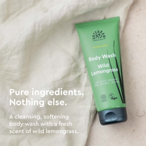 Groene tube lichaamswas, die wild citroengras en natuurlijke ingrediënten vermeldt.