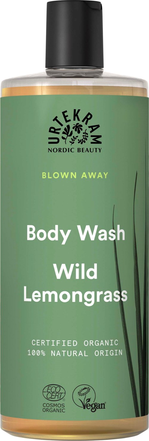 A green bottle with a black cap, labeled 'Body Wash Wild Lemongrass,' contains organic and vegan skincare product.