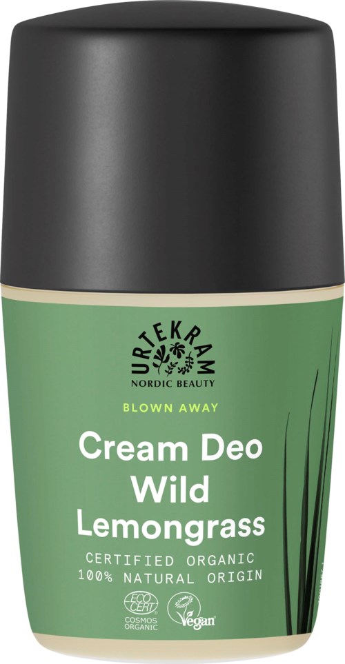 A green container of natural deodorant with black cap, labeled as cream deodorant with lemon grass scent, certified organic.