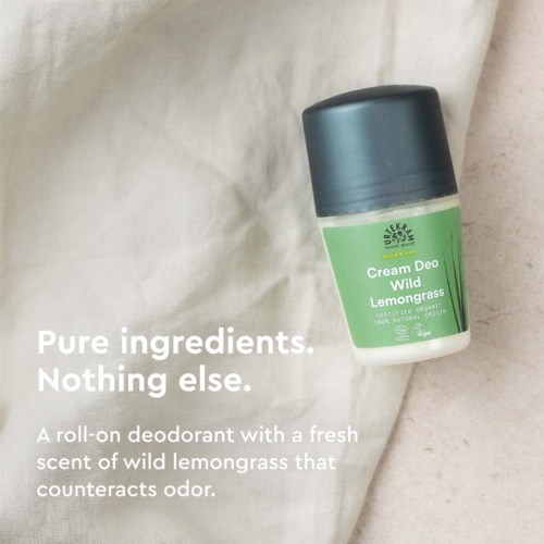 A green and white roll-on deodorant container labeled 'Cream Deo Wild Lemongrass' with text about pure ingredients.