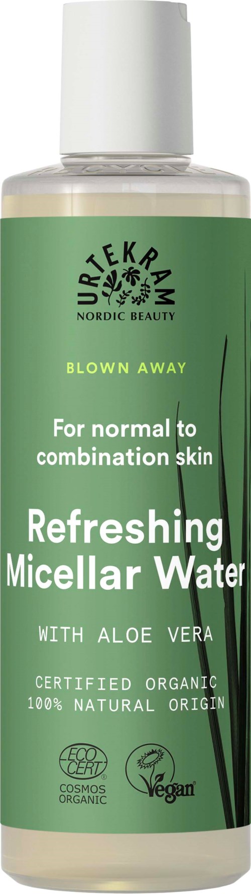 Een groen flesje met verfrissend micellair water met aloë vera voor normale tot vette huid. Bevat biologische en veganistische ingrediënten.