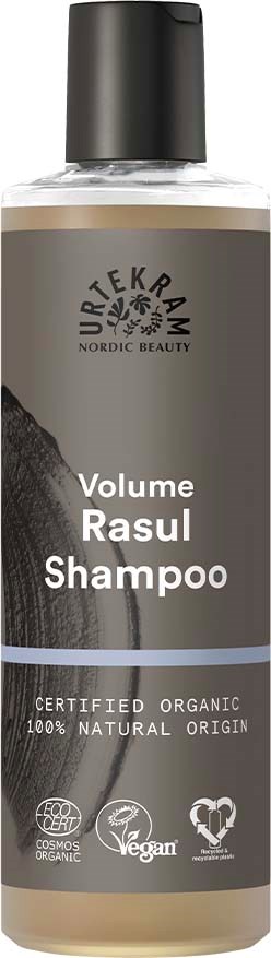 Eine Shampoo-Flasche mit schwarzem Deckel, grauem Etikett und Text, der anzeigt, dass sie biologisch, vegan und natürlich ist.