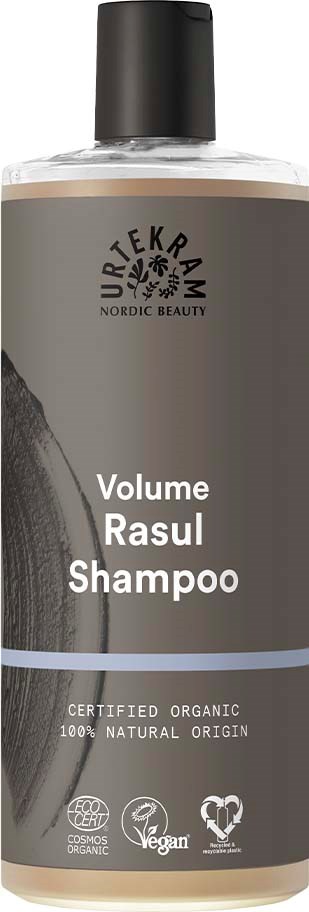 Eine Flasche Shampoo mit der Aufschrift 'Volume Rasul Shampoo' mit Bio- und Vegan-Symbolen, schwarzem Deckel und grauem Design.