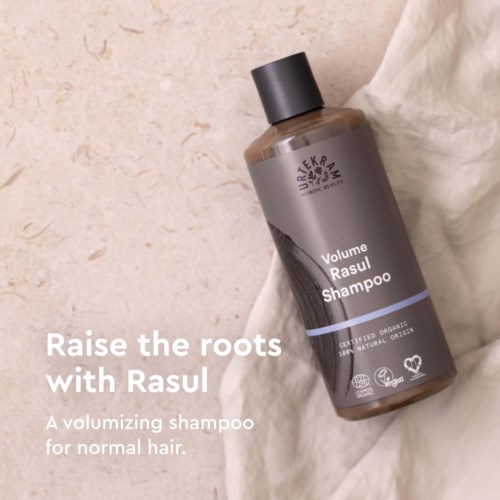 Graue Shampoo-Flasche mit schwarzem Deckel, steht 'Raise the roots with Rasul' für normales Haar.
