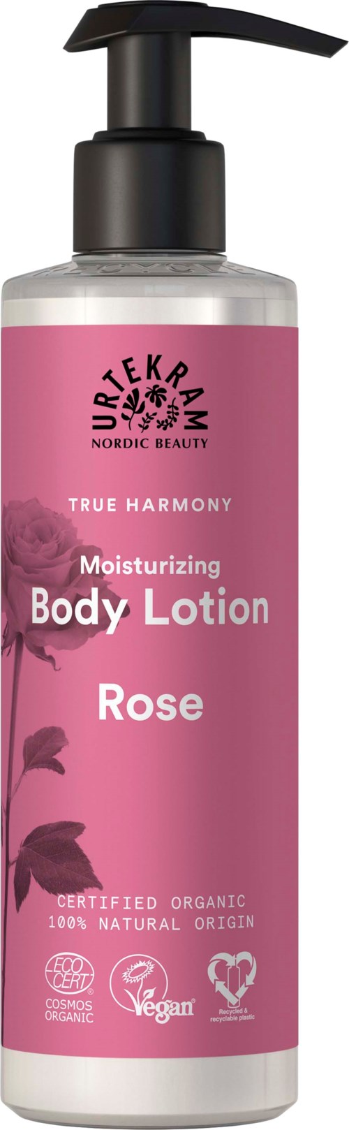 Pinkki vartaloemuloksen pullo mustalla pumppupulla, merkitty 'Rose' ja se on ekologinen ja vegaani.