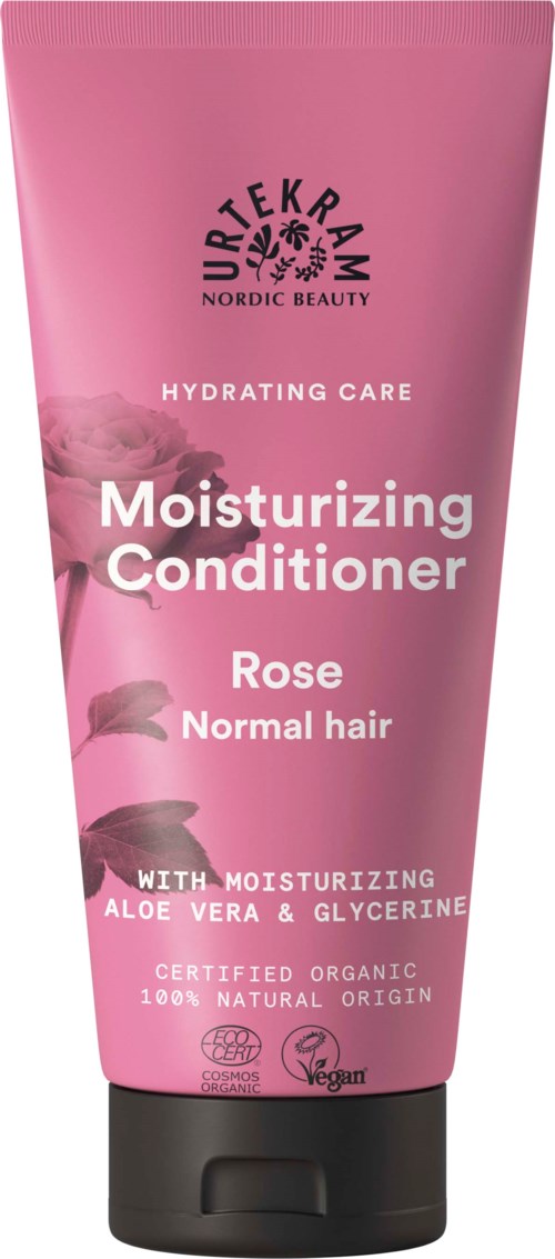 Roze tube met hydraterende conditioner voor normaal haar met rozengeur en natuurlijke ingrediënten.