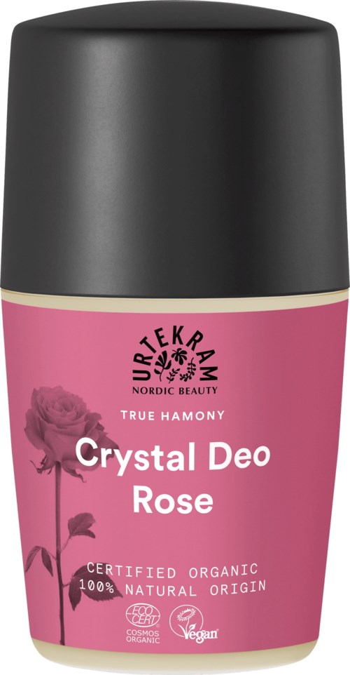 Een roze roll-on deodorant met zwarte dop, labeled 'Crystal Deo Rose', gecertificeerd biologisch, veganistisch en natuurlijk.
