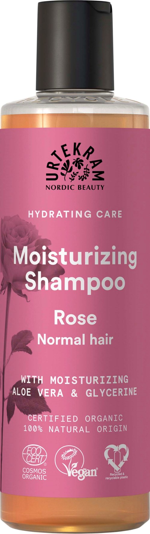 A pink bottle of moisturizing shampoo for normal hair with rose scent, organic, vegan, and made with aloe vera and glycerin.