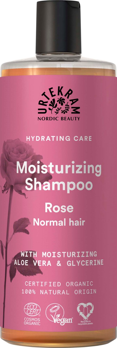 Roze fles met zwarte dop, label zegt hydraterende shampoo voor normaal haar met aloë vera en glycerine.