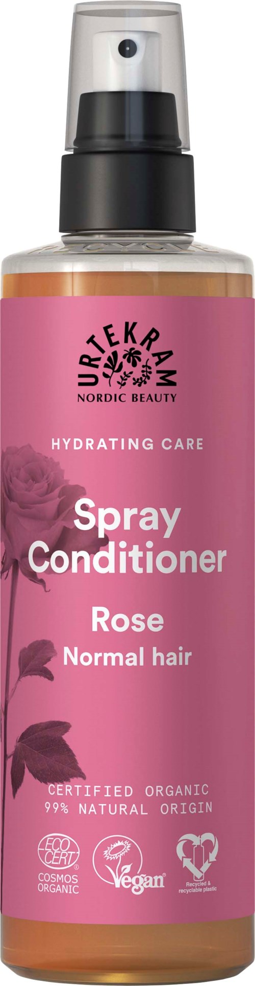 Roze sprayfles voor haarverzorging, geschikt voor normaal haar, biologisch, veganistisch en natuurlijk.