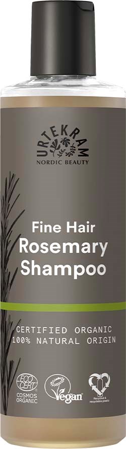 Een grijze fles met de tekst 'Fine Hair Rosemary Shampoo' en symbolen voor biologisch, veganistisch en natuurlijk.