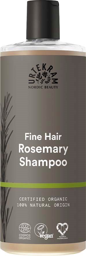Een shampoo flesje met label 'Fine Hair Rosemary Shampoo' met biologische en veganistische symbolen. Het heeft een grijze en zwarte ontwerp.